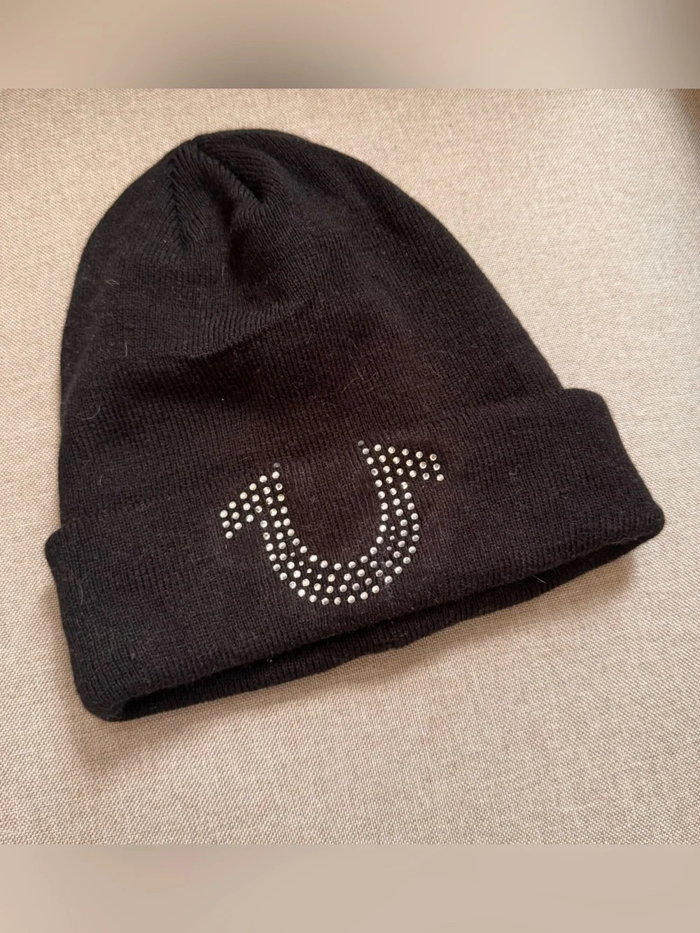 True Religion Black Studded Logo Beanie